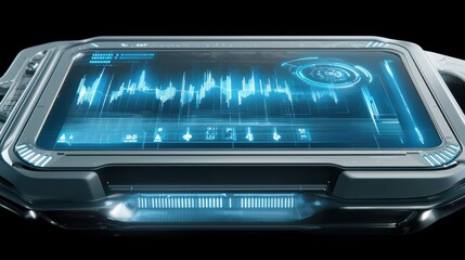 Obraz premium Futuristic User Interface with Data Visualization and Waveform Analysis on Sleek Display Panel