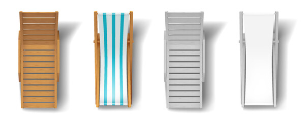 Fototapeta na wymiar Top view of deck chairs in different designs including wood and fabric. Perfect for summerthemed projects or outdoor event planning visuals