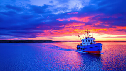 Vibrant fishing boat sails across tranquil sea at sunset, surrounded by colorful clouds and reflections on water