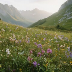 Fototapeta premium Vibrant Wildflowers Blooming in a Mountain Valley Under Soft Morning Light