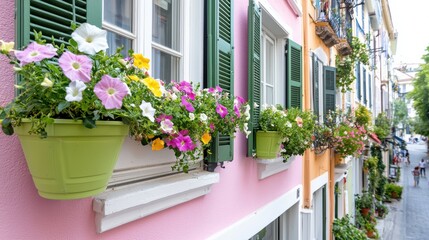Naklejka premium Colorful Flower Boxes on Vibrant Buildings Along a Charming Pedestrian Street in a Scenic Town