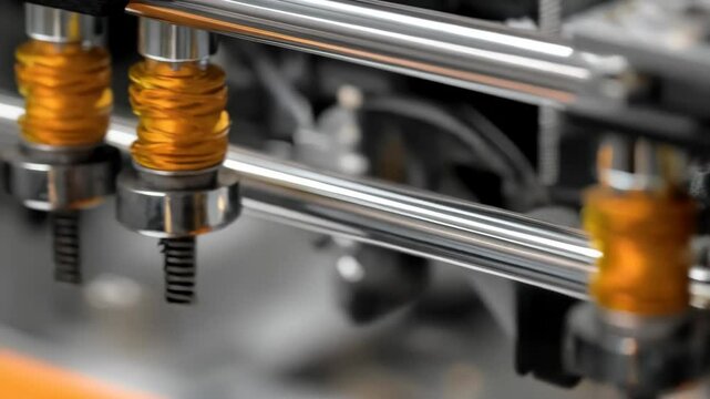 Close up of automated system components: Metal rods, orange cylinders, threaded screws, and electronic board.