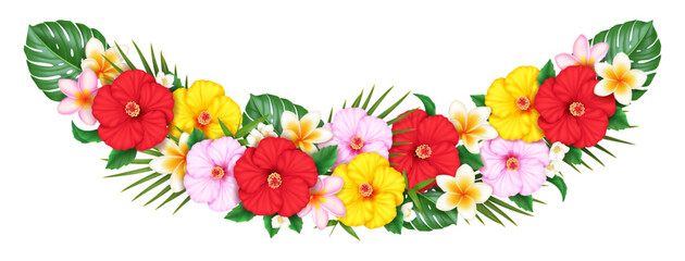 Vibrant tropical flower garland with red, yellow, and pink blossoms. Includes lush green leaves. Perfect for summerthemed decor and festive celebrations.