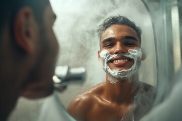 A man with a cheerful expression shaves in front of a foggy bathroom mirror. The ambiance suggests an early morning routine, showcasing confidence and self-care