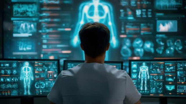 A medical professional analyzes digital body scans on multiple computer monitors in a high-tech, futuristic setting.