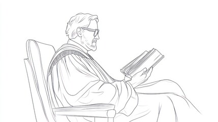 Judge reading book, profile view, chair, courtroom background, possible stock photo use