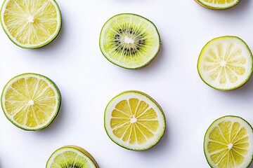 Fresh cut limes and kiwi slices, a colorful pairing cleanly isolated against a bright white backdrop.