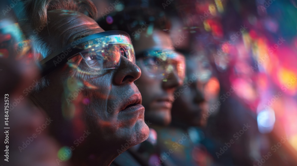 Poster close-up of older man wearing futuristic augmented reality glasses looking up, representing digital 