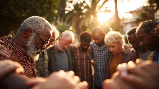 Diverse Group of People Huddled Together Praying Outdoors at Sunset, Symbolizing Hope and Spiritual Community Support : Generative AI