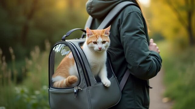 Having time outdoors with domestic cat. House cat carried to garden in animal carrier, transparent bag transfer feline. Owner stroking cat in nature. Bubble backpack animal carrier, traveling with pet