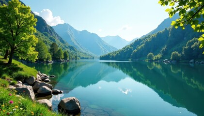 Overlooking lake with lush greenery and trees, lake view, greenery