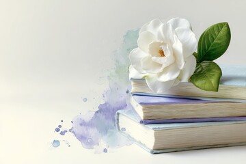 Soft pastel books and a delicate white flower.