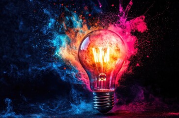 Glowing bulb amidst vibrant explosion