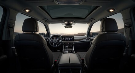 Vehicle Interior View with Open Sunroof and Modern Dashboard