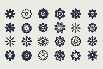 Symmetrical floral abstract icons set, minimalist flower designs with varied petal shapes and radial symmetry, perfect for logos vector illustration.