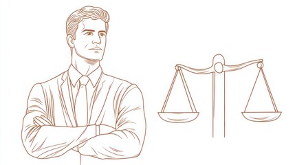 Serious businessman and justice scales. Stock photo of a confident lawyer