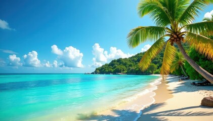 Palm trees sway above crystal clear waters, surrounded by golden sandy beaches and vibrant greenery , peaceful atmosphere , golden sand