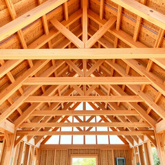 Build wooden roof rafters timber beams from framework of truss frames construction stick for house under construction