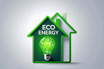 Eco Energy Concept with Green House and Light Bulb Filled with Sustainability Symbols