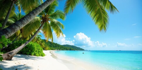 Fototapeta premium Palm trees swaying in the breeze on La Digue Island, beach, palm trees