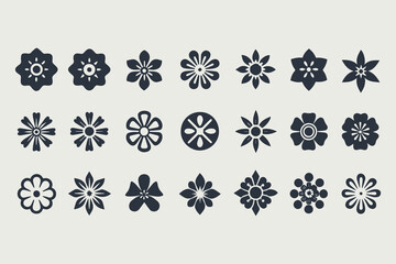 Symmetrical floral abstract icons set, minimalist flower designs with varied petal shapes and radial symmetry, perfect for logos vector illustration.