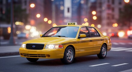 Yellow Sedan Taxi on City Street at Night Transport