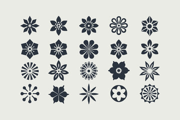 Symmetrical floral abstract icons set, minimalist flower designs with varied petal shapes and radial symmetry, perfect for logos vector illustration.