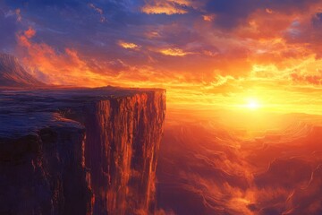 Scenic cliff edge with bright orange sunset, clouds and distant mountains. Ideal for travel blogs, nature articles, or inspirational backgrounds.