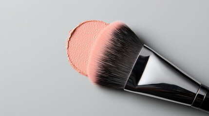 Makeup brush rests on soft peach blush, showcasing beauty tools and cosmetics. image evokes sense of elegance and artistry