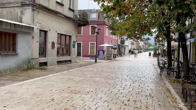 Njego&scaron;eva pedestrian street in Cetinje Montenegro on a quiet rainy autumn day