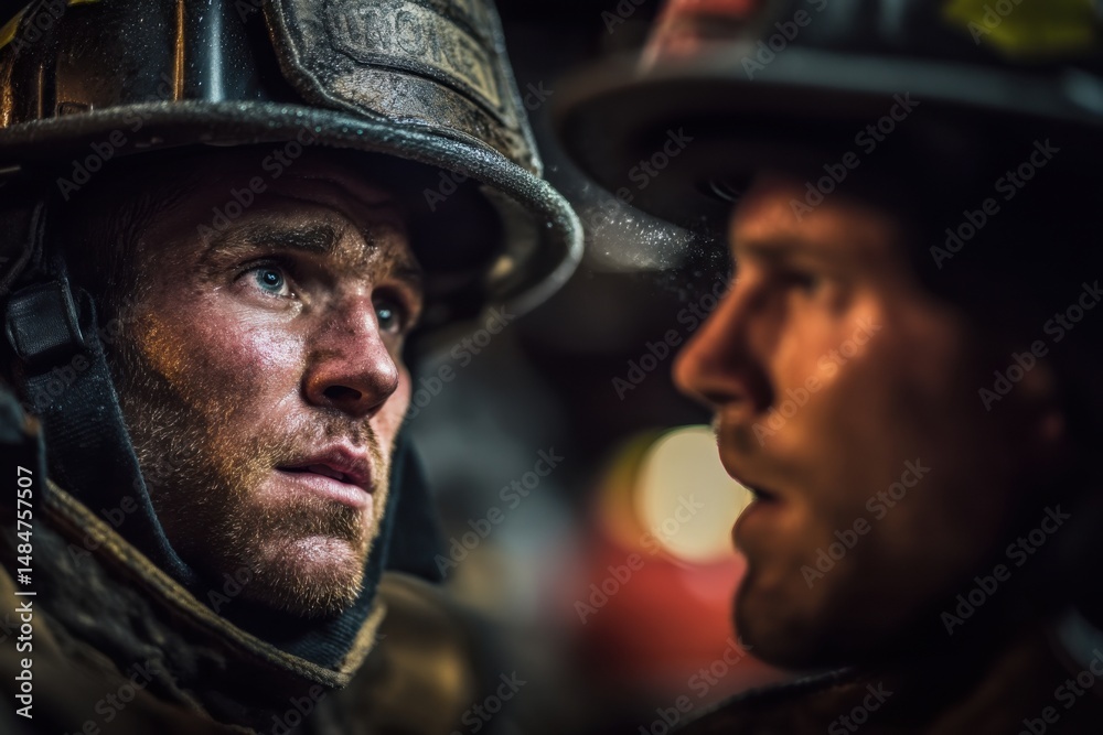 Poster close-up profile of two firefighters in intense moment after rescue, representing courage bravery an