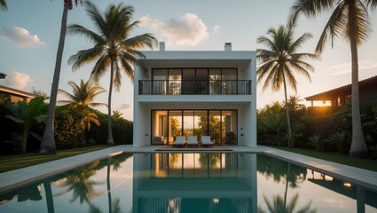 Fototapeta premium Modern minimalist box-style home designed with clean lines and functional spaces featuring a two-story structure surrounded by greenery creating a contemporary living environment