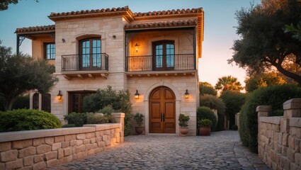 Obraz premium Stunning two-story mediterranean villa-style home with elegant architectural design surrounded by lush greenery and a clear blue sky presenting a picturesque view of luxury living