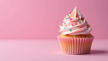 Pastel pink cupcake with colorful sprinkles on top and a dollop of whipped cream, sweet, treats