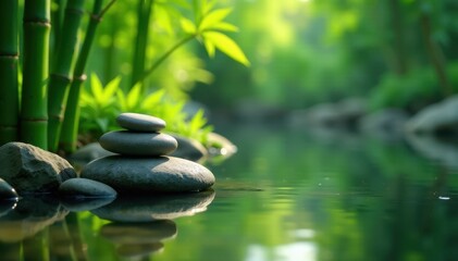 Naklejka premium peaceful arrangement of zen stones in a tranquil pond surrounded by verdant bamboo and foliage , zen stones, bamboo