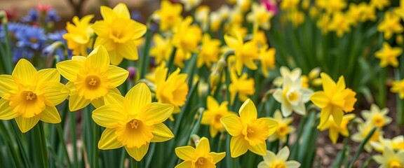 Fototapeta premium Vibrant yellow daffodils and narcissus blossoms in a spring garden, garden, banner template