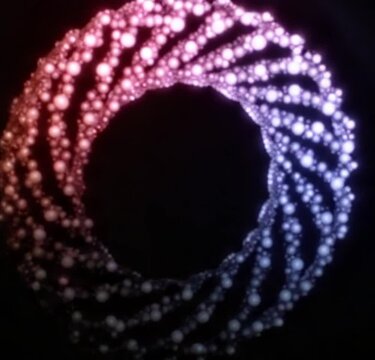 Bright loop.Design.A black background on which a large loop made of roundels in animation moves in different directions and changes colors.