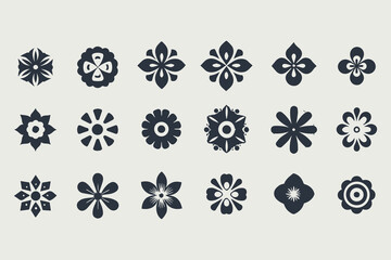 Symmetrical floral abstract icons set, minimalist flower designs with varied petal shapes and radial symmetry, perfect for logos vector illustration.