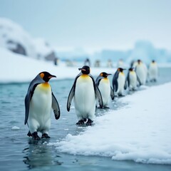 Fototapeta premium Penguins walking in a line across icy terrain , frozen landscape, penguins