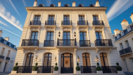 Obraz premium Elegant parisian style luxury townhouse exterior showcasing timeless architectural design and charming features surrounded by inviting streets and lush greenery