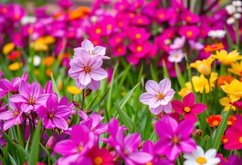 Vibrant spring blossoms, lush green grass, colorful flowers in a blooming garden, background, day