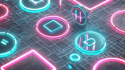 Obraz premium Neon Glowing Interface Elements on Dark Background with Futuristic Design and Technology Concept