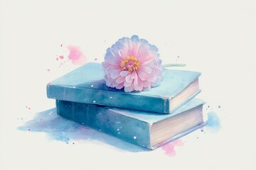 Delicate pastel books and flower still life arrangement.