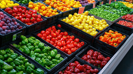 Obraz premium Fresh vegetables and fruits in vibrant colors displayed in baskets at market, showcasing variety of peppers, tomatoes, and greens