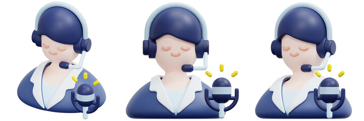 Set of 3D Rendered Customer Service Avatars with Headsets and Microphones 3d Render Icon Illustration
