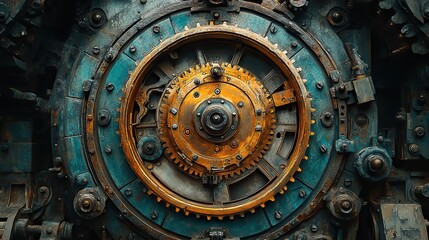 Fototapeta premium Bronze gears whir within a colossal clockwork mechanism, its intricate design a testament to forgotten ingenuity