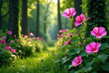 Obraz premium Pink musk-mallow flowers in a lush green garden amidst tall trees and vines, pink flowers, botanical