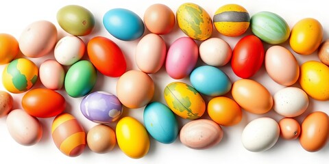 Vibrant painted Easter eggs in diverse colors create a cheerful, seamless pattern on white, spring colors,  easter egg design