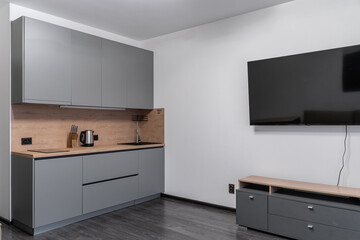 small modern kitchen in studio apartment. Stylish grey built-in kitchen with wooden countertop and...