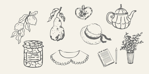 Cottagecore set cosy country rural things sketch. Retro cute whimsy farm themed cottage core aesthetic. Hobby collection, vegetables doodle.